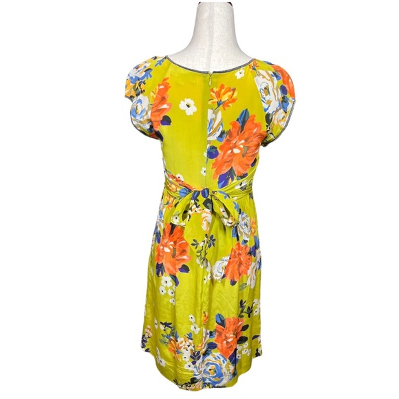 Moulinette Soeurs SILK Yellow Floral Fit flare V Neck Short Sleeve Dress 0 - Picture 3 of 8